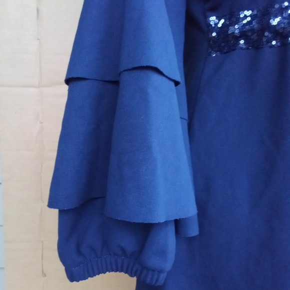Navy Blue Stretchy Sequined Dressy Traditional Tunic Top with Tiered Bell Sleeve - Picture 5 of 11